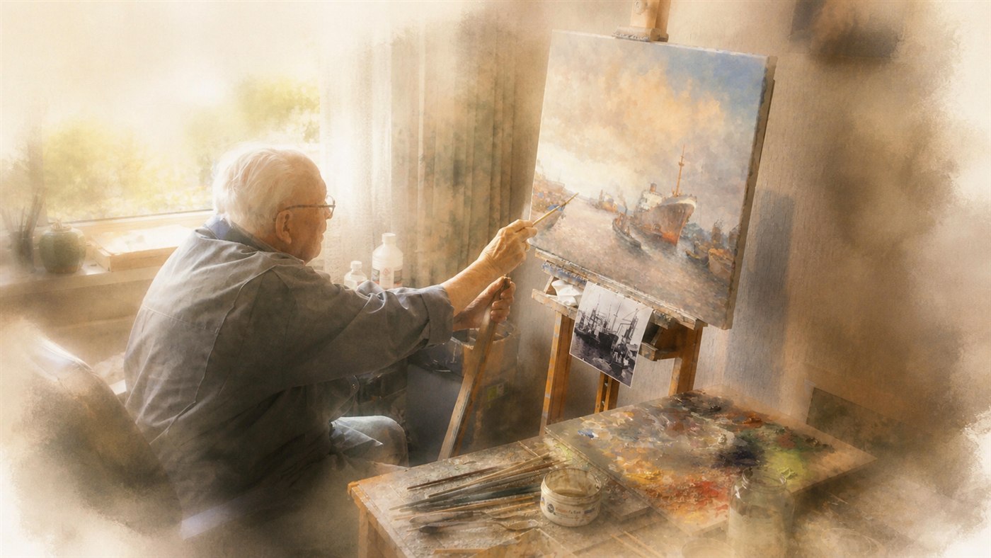 Jan Schaeffer schilderend in zijn atelier